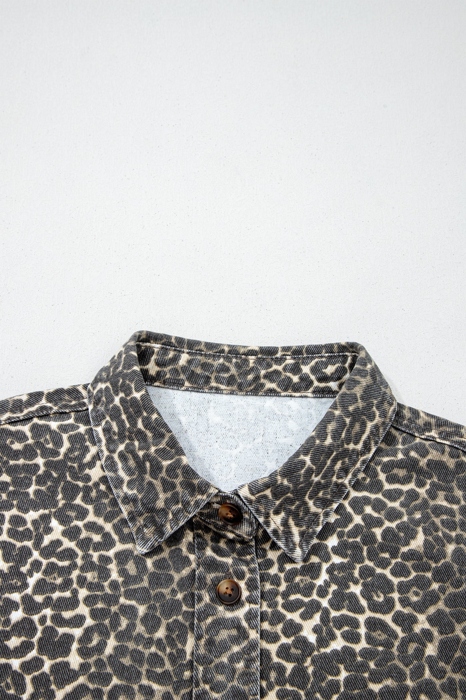 Gray Vintage Leopard Print Short Sleeve Loose Cotton Denim Shirt-Tops/Blouses & Shirts-[Adult]-[Female]-2022 Online Blue Zone Planet