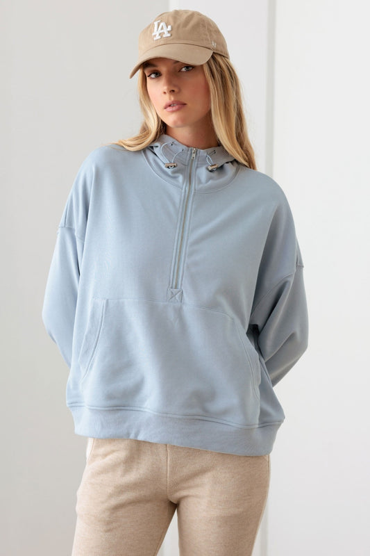 Le Lis Half Zip Drawstring Mock Neck Hoodie-TOPS / DRESSES-[Adult]-[Female]-Baby Blue-XS-2022 Online Blue Zone Planet