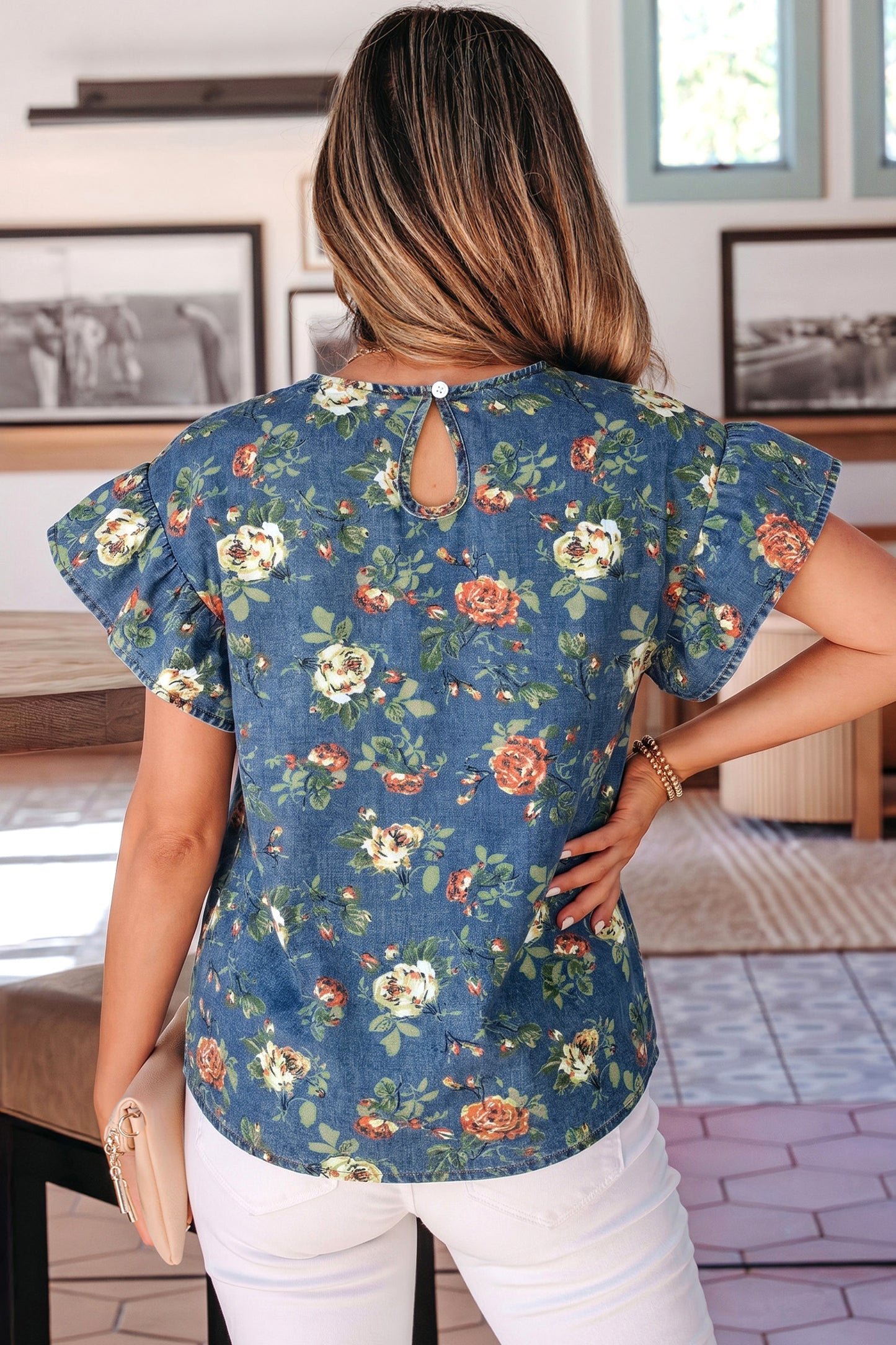 Ashleigh Blue Ruffled Short Sleeve Floral Denim Top-Tops/Tops & Tees-[Adult]-[Female]-2022 Online Blue Zone Planet