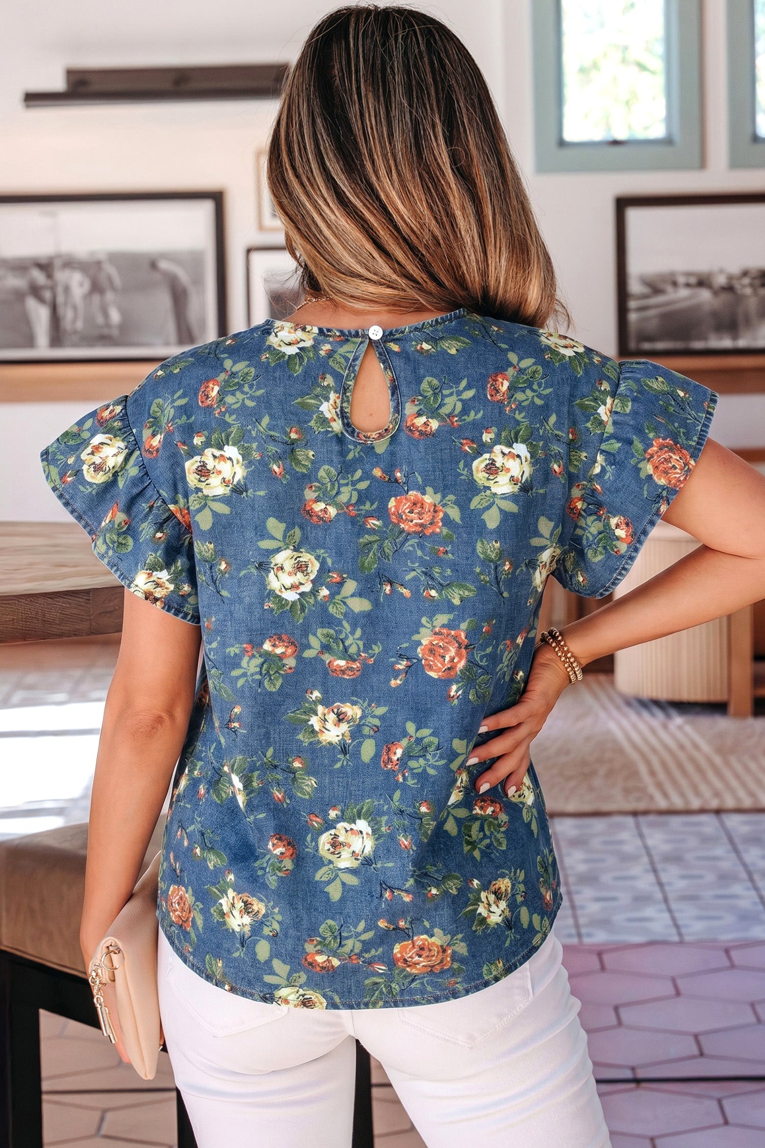 Ashleigh Blue Ruffled Short Sleeve Floral Denim Top-Tops/Tops & Tees-[Adult]-[Female]-2022 Online Blue Zone Planet