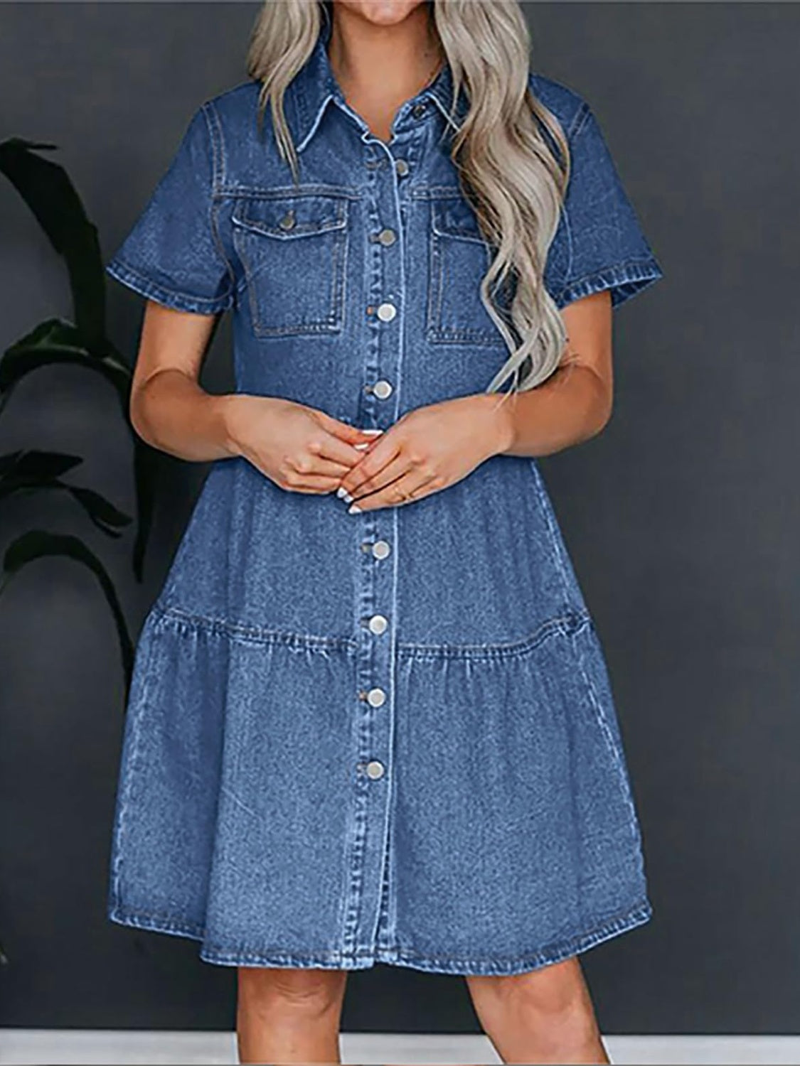 Pocketed Button Up Collared Neck Short Sleeve Denim Dress-TOPS / DRESSES-[Adult]-[Female]-2022 Online Blue Zone Planet