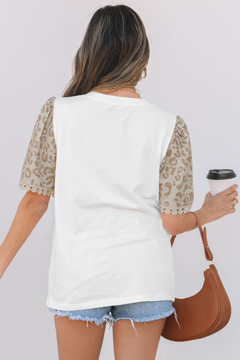 White Leopard Patchwork Crochet Lace Trim Puff Sleeve T Shirt-Tops/Tops & Tees-[Adult]-[Female]-2022 Online Blue Zone Planet