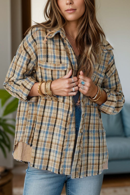 Drawstring Plaid Button Up Hooded Shacket-TOPS / DRESSES-[Adult]-[Female]-Plaid-S-2022 Online Blue Zone Planet