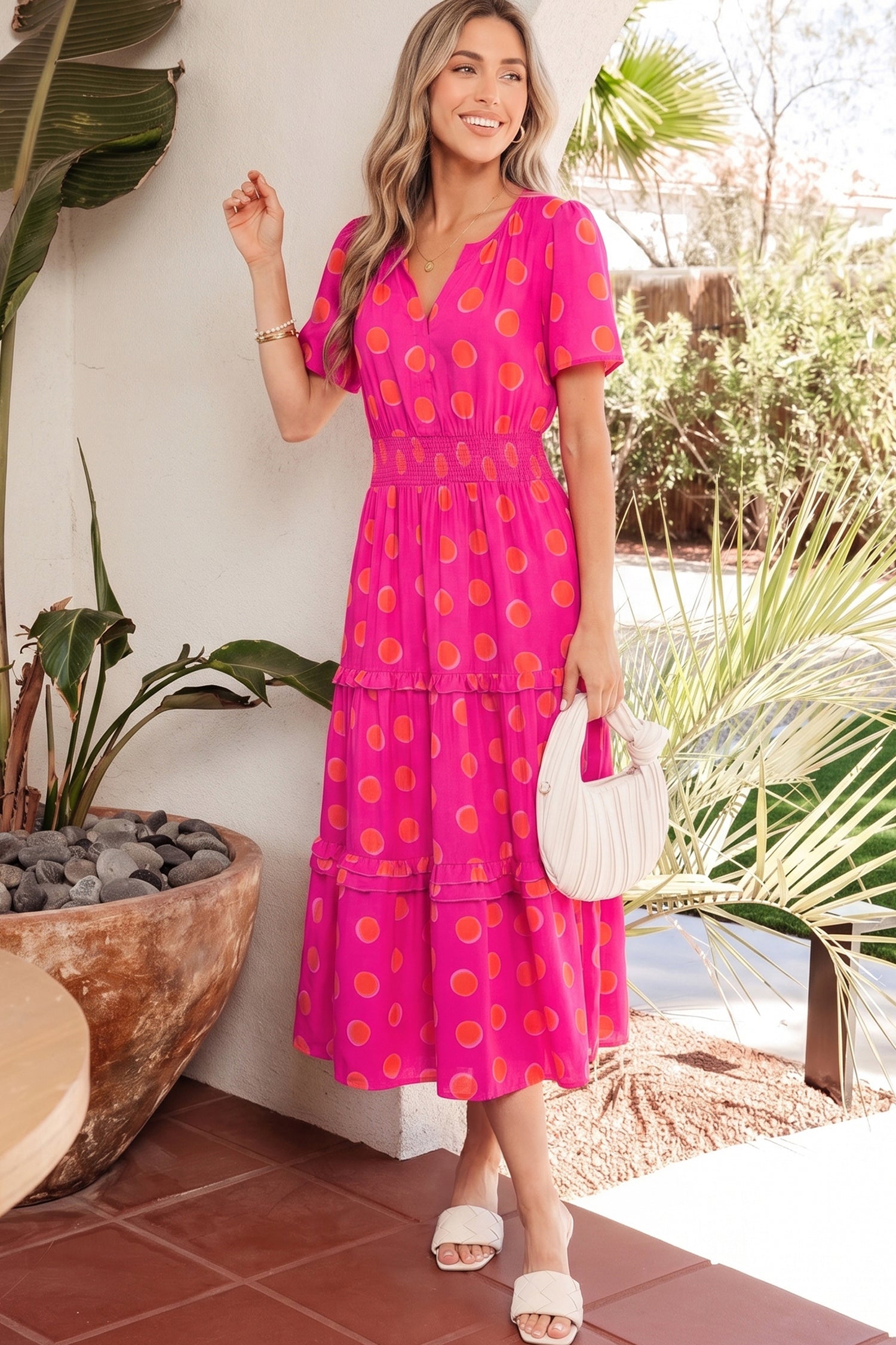 Rose Double Polka Dot Short Sleeve Shirred High Waist Midi Dress-Dresses/Midi Dresses-[Adult]-[Female]-2022 Online Blue Zone Planet
