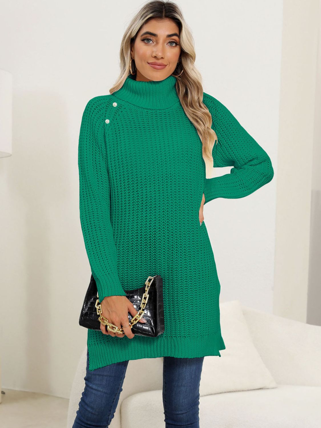 Slit Turtleneck Long Sleeve Sweater-TOPS / DRESSES-[Adult]-[Female]-2022 Online Blue Zone Planet