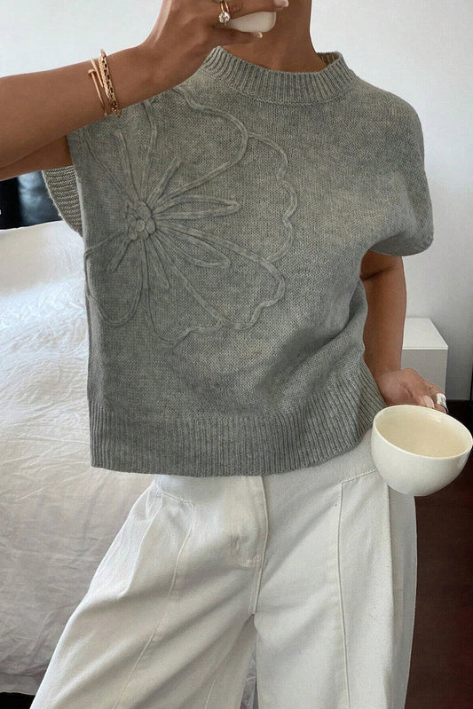 High Flower Pattern Ribbed Trim Short Sleeve Boxy Sweater-TOPS / DRESSES-[Adult]-[Female]-High-rise-S-2022 Online Blue Zone Planet