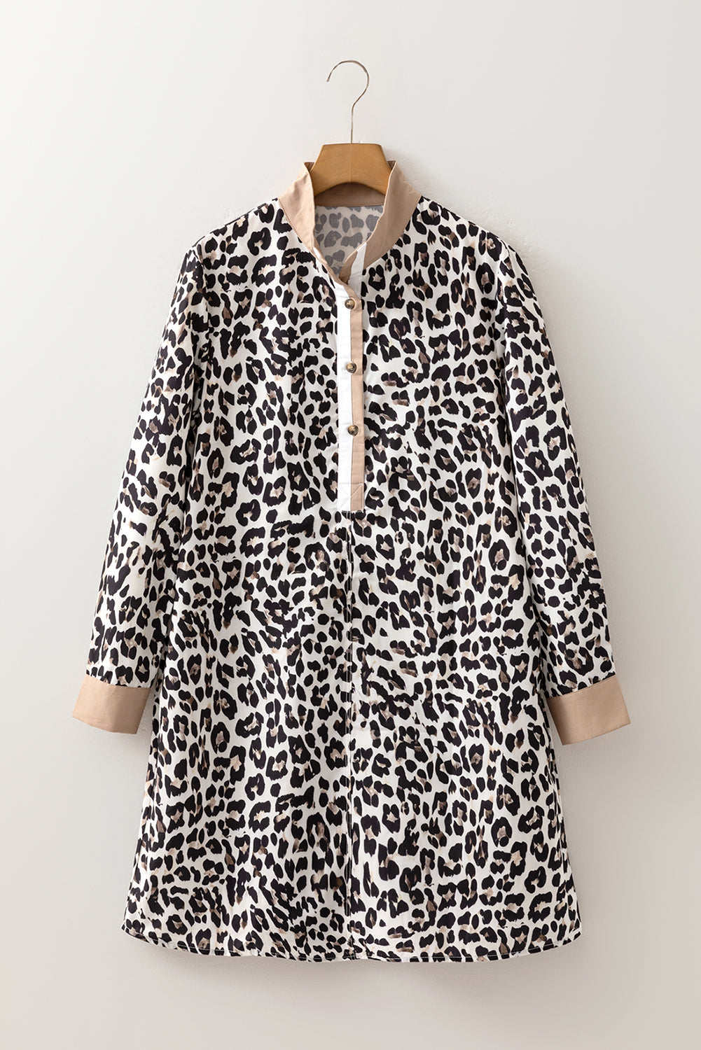 Multicolour Button Striped Collar Leopard Print Long Sleeve Flared Dress-TOPS / DRESSES-[Adult]-[Female]-2022 Online Blue Zone Planet