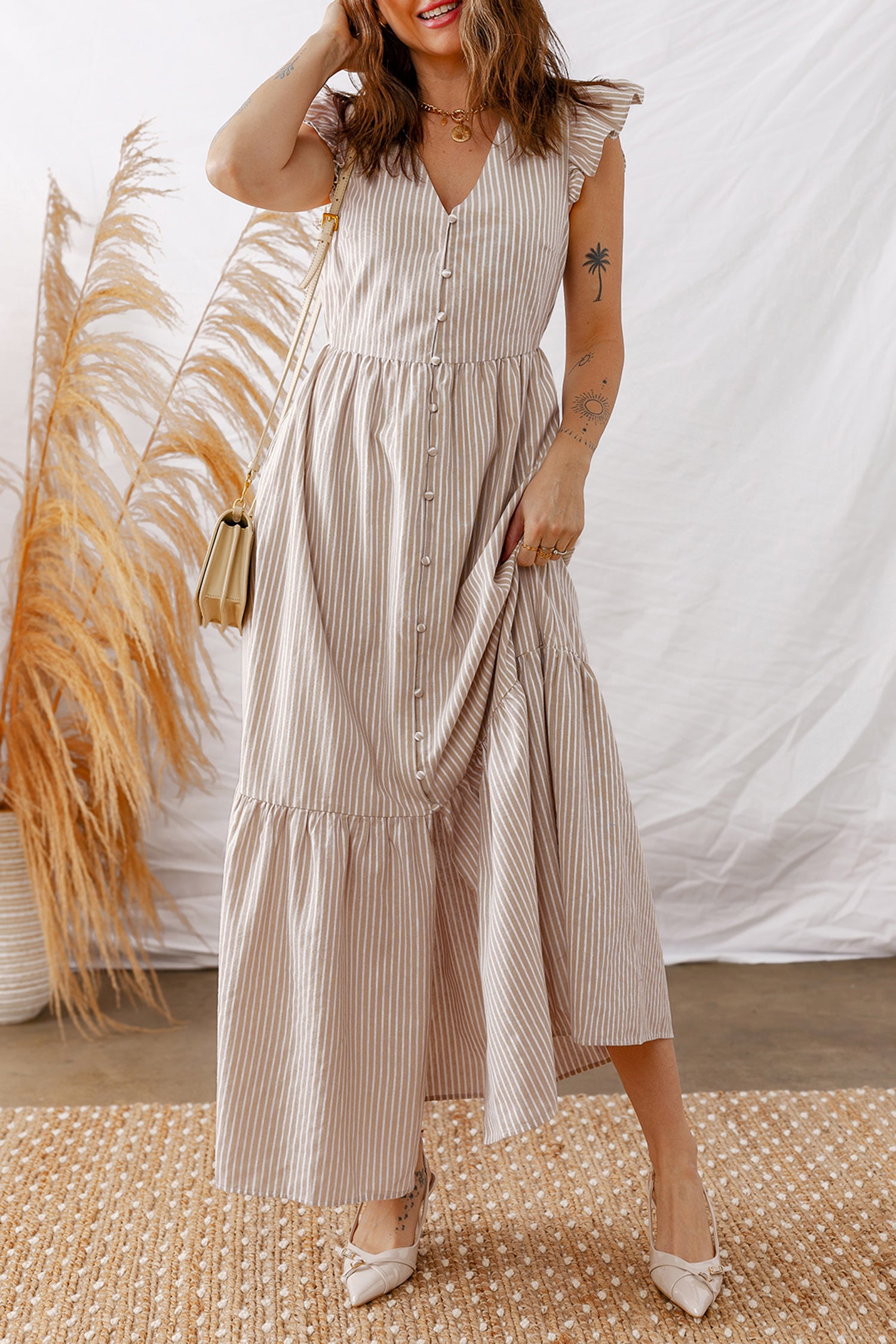 Khaki Stripe Flutter Sleeve Buttoned Front Slit Maxi Dress-TOPS / DRESSES-[Adult]-[Female]-2022 Online Blue Zone Planet