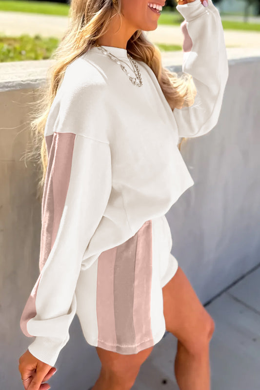 White Color Block Patchwork Drop Shoulder Pullover Casual Shorts 2pcs Outfit-Two Piece Sets/Short Sets-[Adult]-[Female]-White-S-2022 Online Blue Zone Planet