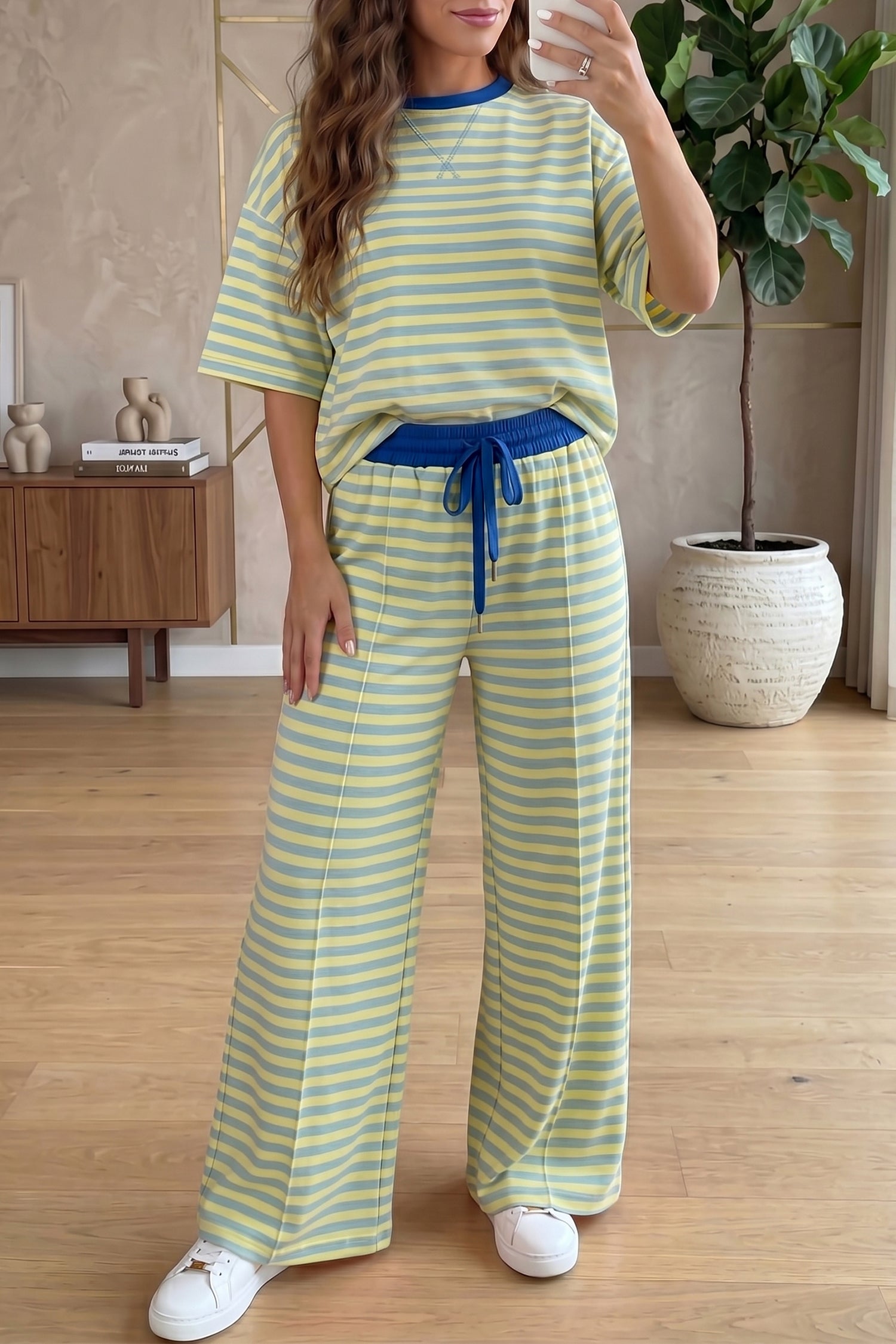 Pink Stripe Colorblock Trim Crew Neck Loose Tee Drawstring Elastic Waist 2pcs Pant Set-Two Piece Sets/Pant Sets-[Adult]-[Female]-2022 Online Blue Zone Planet