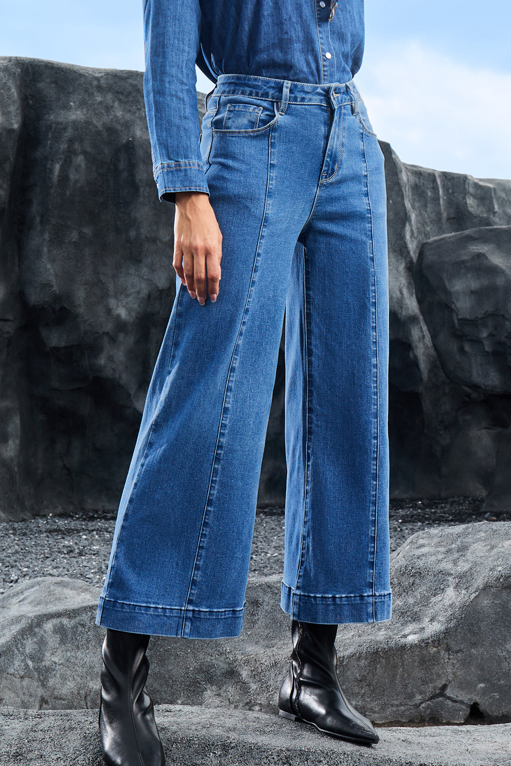 Dark Blue Plain Seam Detail Flared Bottom Ankle Length Jeans-Bottoms/Jeans-[Adult]-[Female]-2022 Online Blue Zone Planet