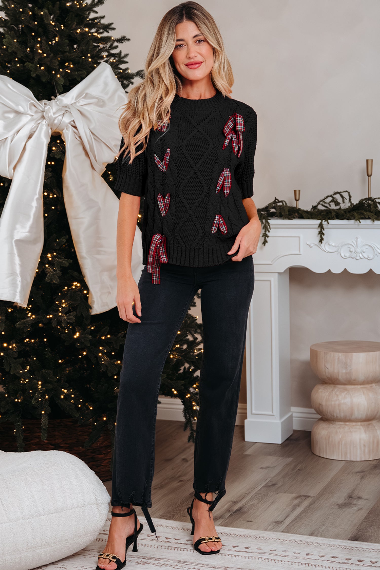 Black Plaid Lace up Detail Christmas Holiday Puff Short Sleeve Sweater-Sweaters & Cardigans/Short Sleeve Sweaters-[Adult]-[Female]-2022 Online Blue Zone Planet