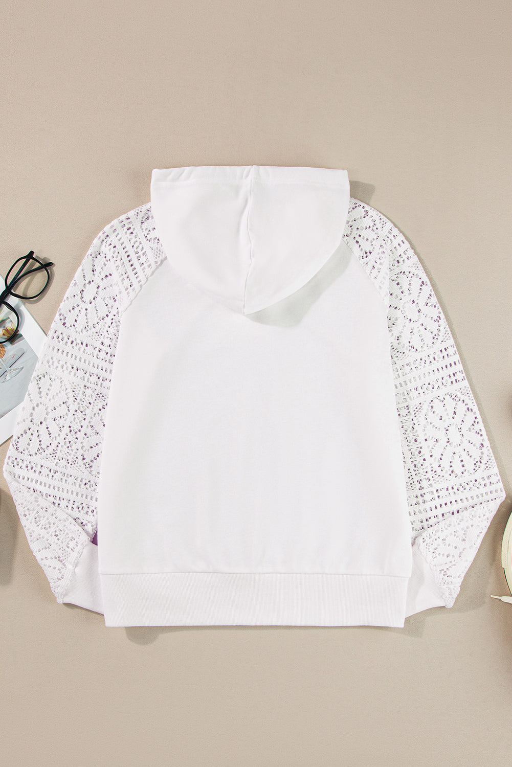 White Lace Patchwork Sleeve Drawstring Hoodie-Tops/Sweatshirts & Hoodies-[Adult]-[Female]-2022 Online Blue Zone Planet