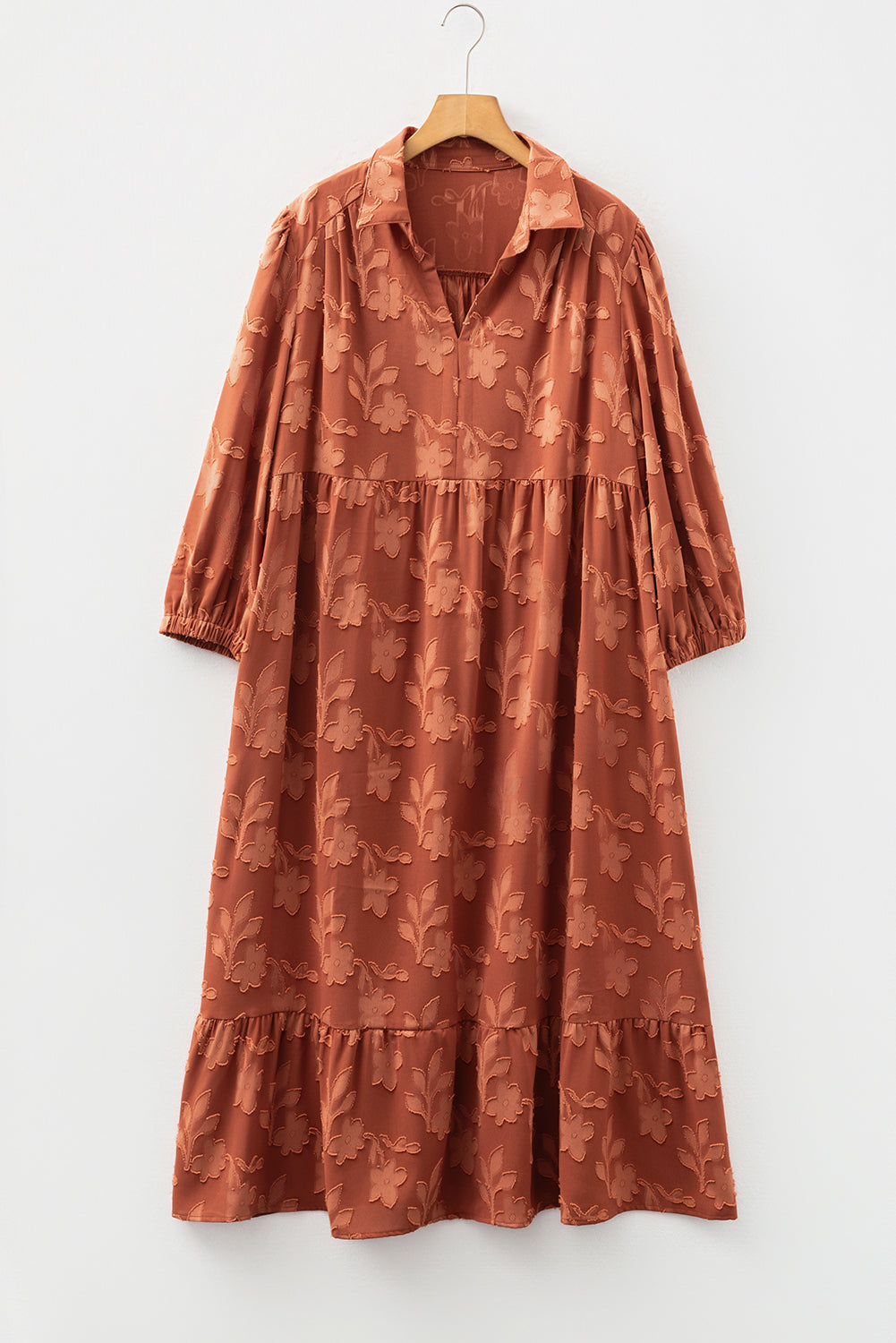 Cinnamon Plus Size Textured 3d Flower Pattern Ruffle Hem 3/4 Sleeve Long Dress-TOPS / DRESSES-[Adult]-[Female]-2022 Online Blue Zone Planet