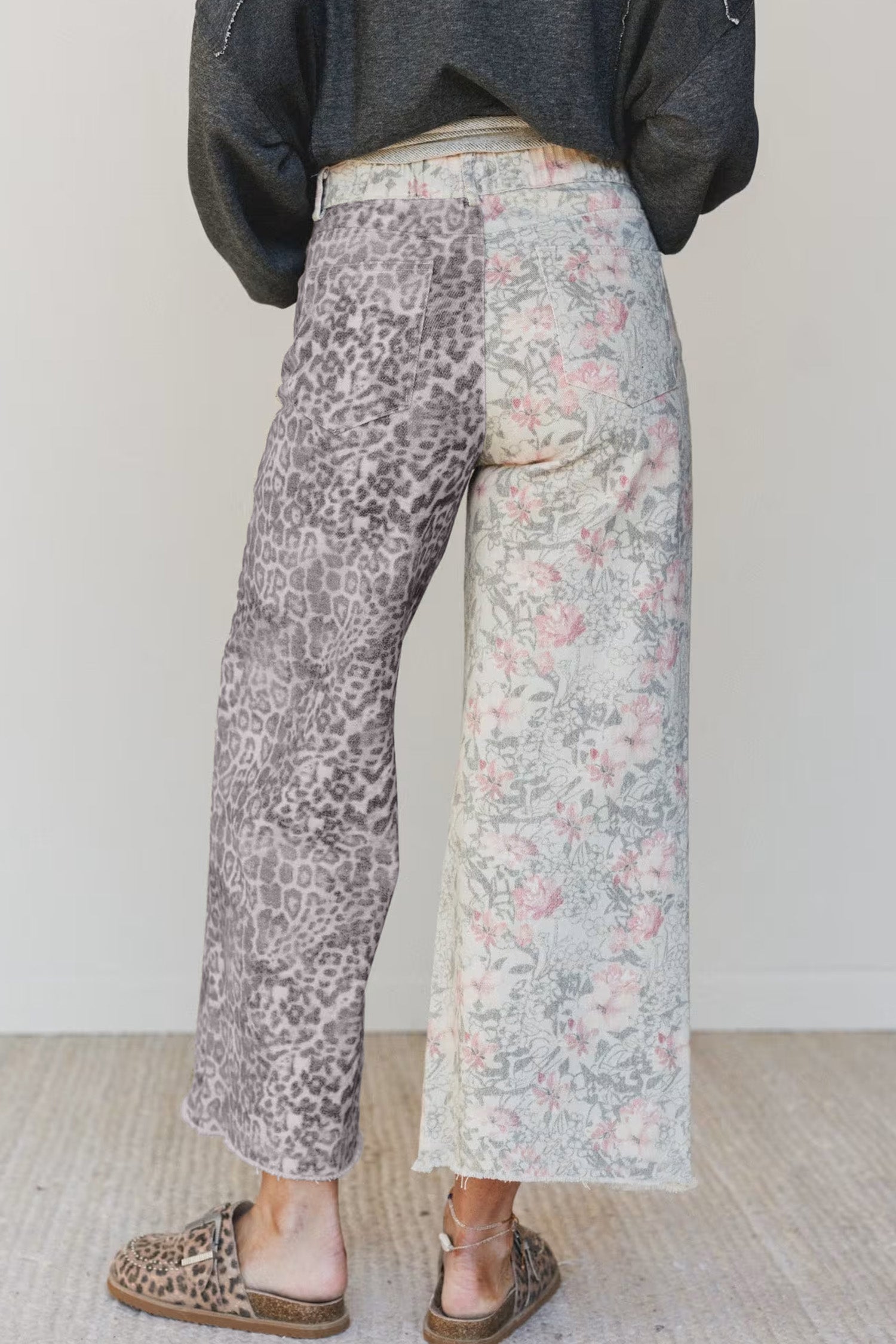 Multicolour Retro Floral Leopard Contrast Patchwork Raw Hem Jeans-Bottoms/Jeans-[Adult]-[Female]-2022 Online Blue Zone Planet