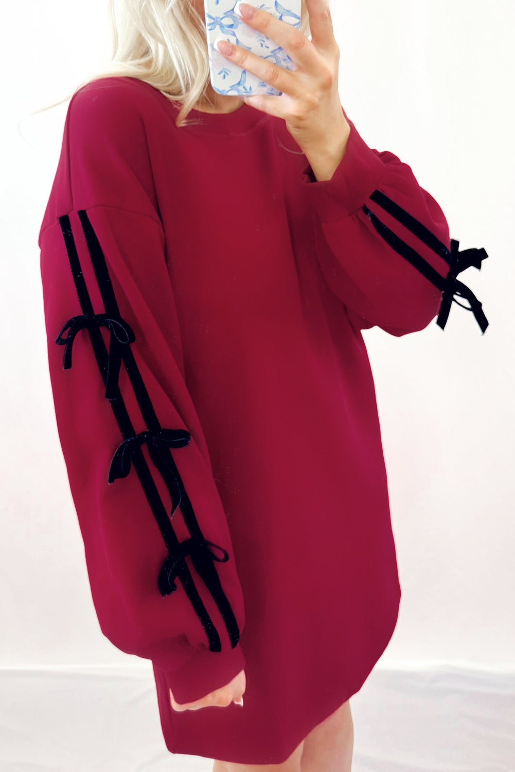 Racing Red Contrast Striped Bow Detail Drop Shoulder Sweatshirt Dress with Pockets-TOPS / DRESSES-[Adult]-[Female]-2022 Online Blue Zone Planet