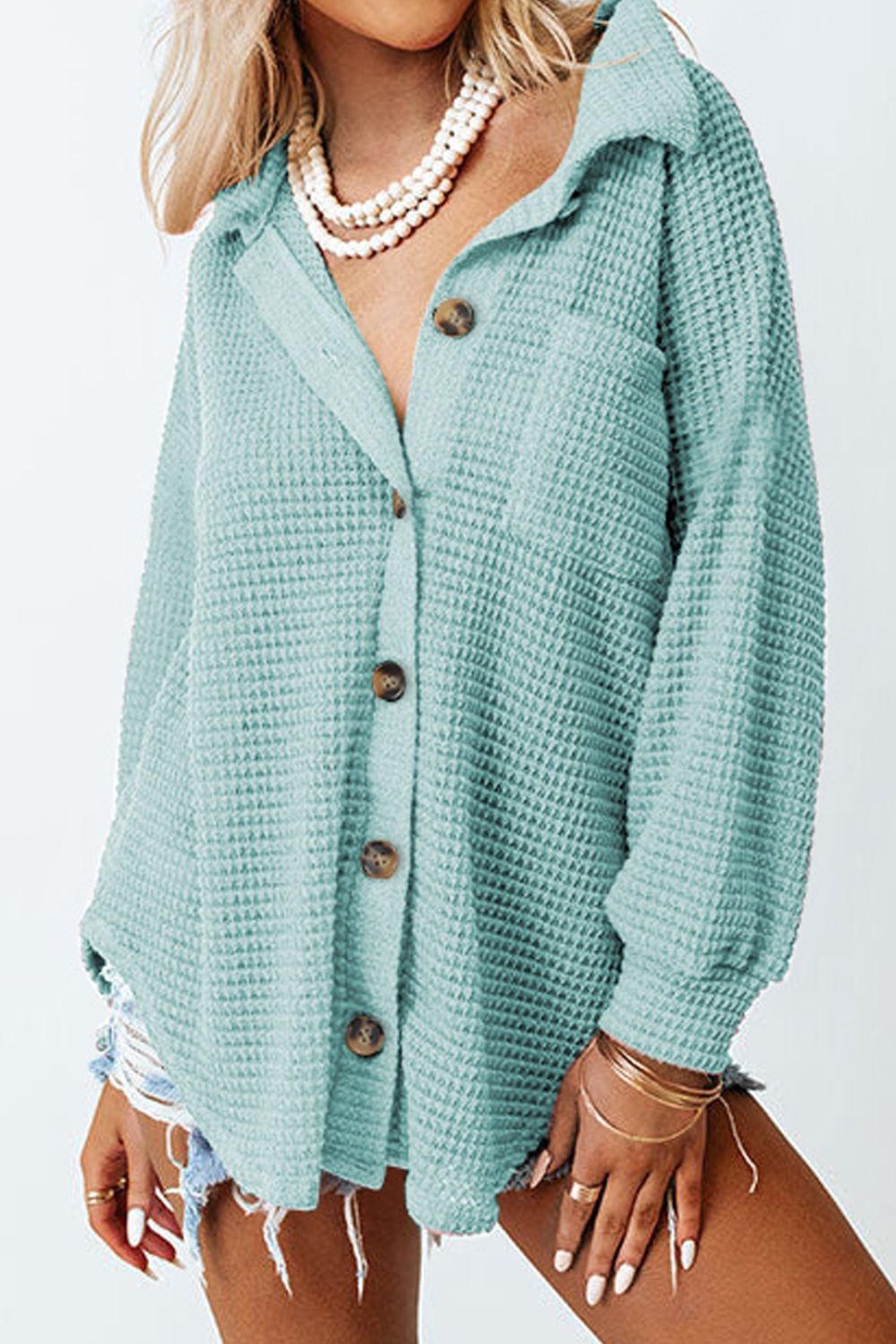 Waffle-Knit Collared Neck Long Sleeve Shirt-TOPS / DRESSES-[Adult]-[Female]-Light Green-S-2022 Online Blue Zone Planet