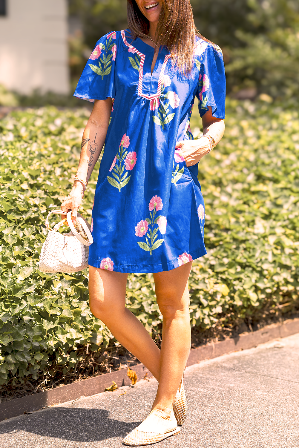 Blue Floral Short Sleeve Split Neck Loose Mini Dress-TOPS / DRESSES-[Adult]-[Female]-2022 Online Blue Zone Planet