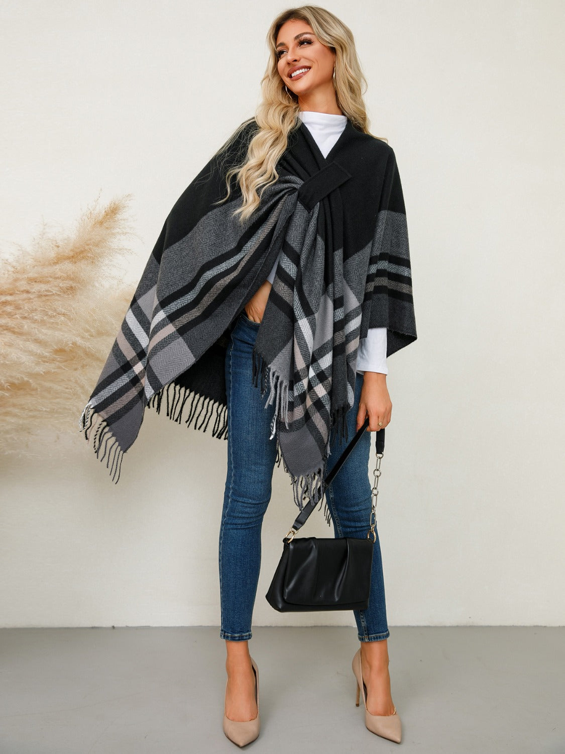 Fringe Contrast Plaid Poncho-TOPS / DRESSES-[Adult]-[Female]-2022 Online Blue Zone Planet