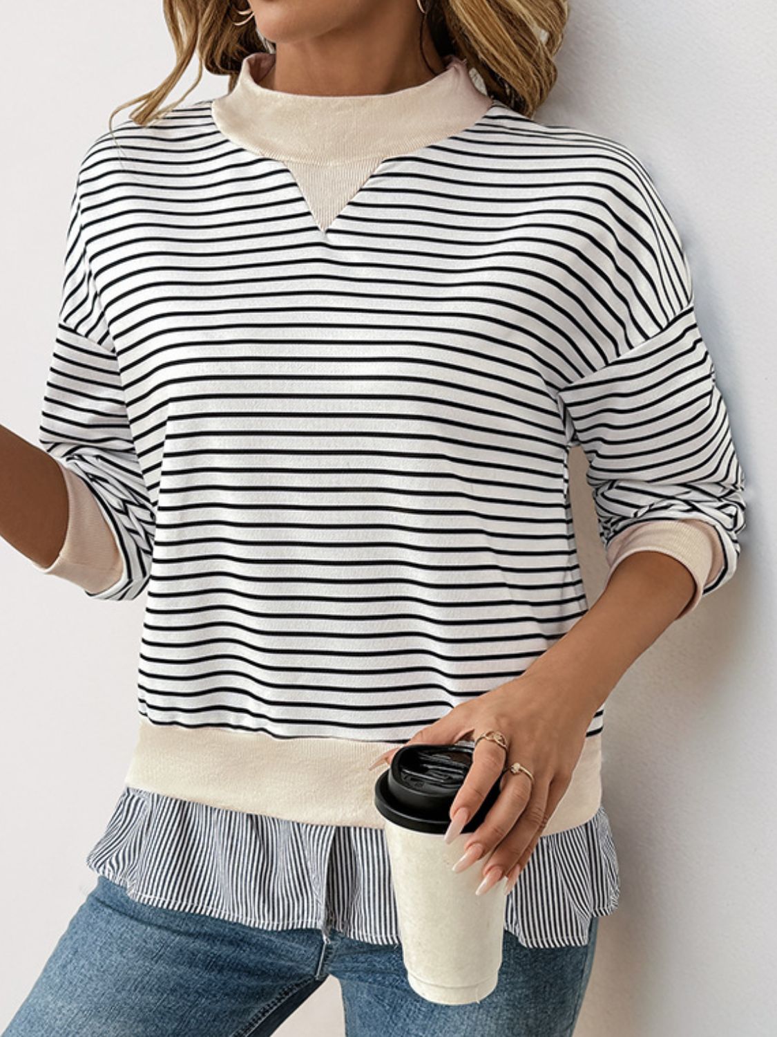 Perfee Faux Layered Striped Long Sleeve Sweatshirt-TOPS / DRESSES-[Adult]-[Female]-White-S-2022 Online Blue Zone Planet