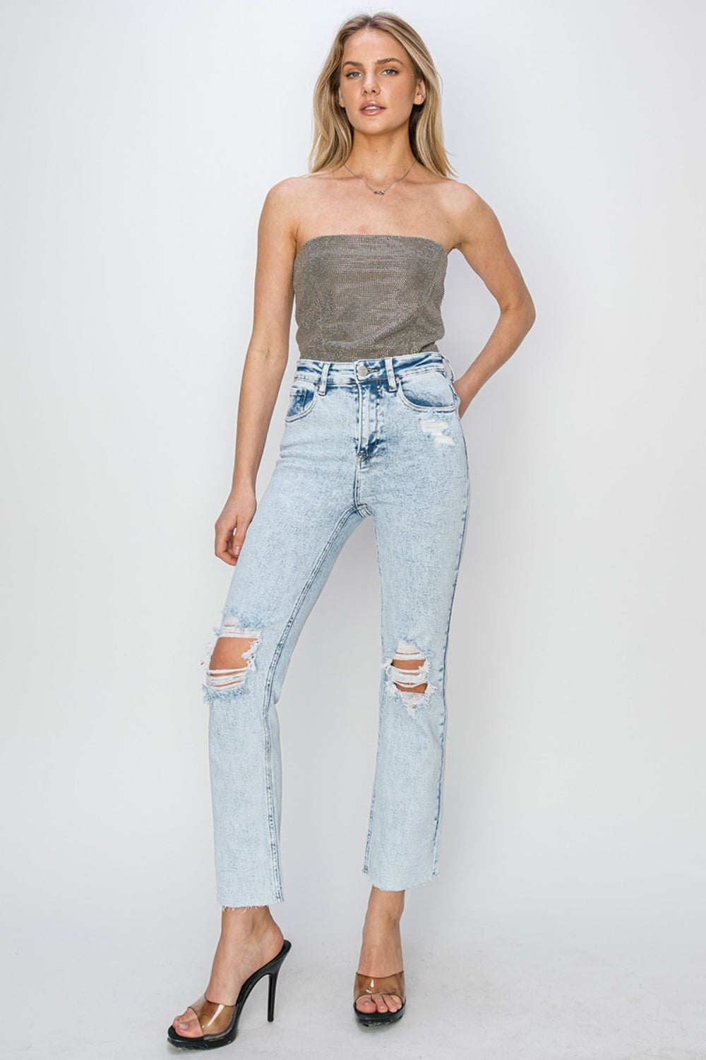 Blue Zone Planet | RISEN High Rise Distressed Ankle Jeans-BOTTOMS SIZES SMALL MEDIUM LARGE-[Adult]-[Female]-2022 Online Blue Zone Planet