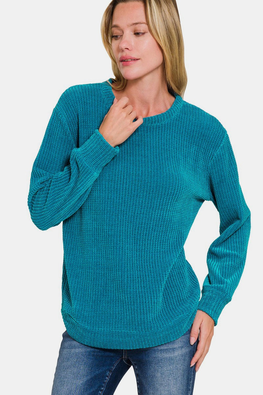 Zenana Chenille Waffle Round Neck Sweater-TOPS / DRESSES-[Adult]-[Female]-Ocean Teal-S-2022 Online Blue Zone Planet