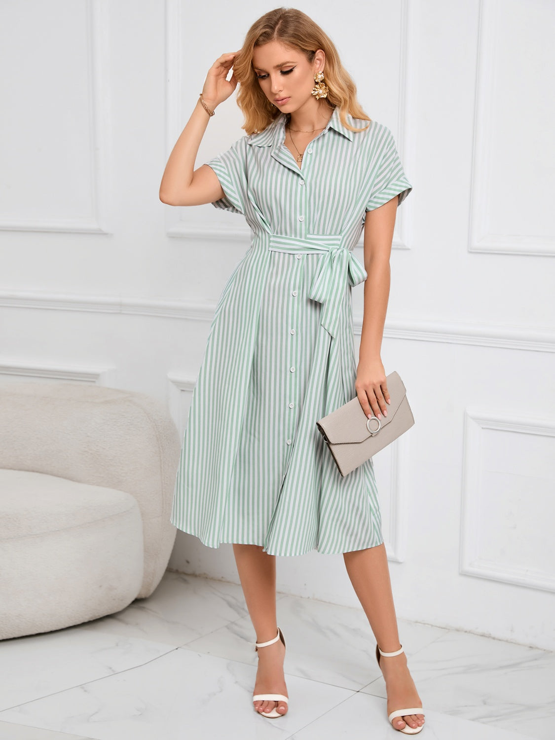 Striped Short Sleeve Tie Waist Midi Dress-TOPS / DRESSES-[Adult]-[Female]-2022 Online Blue Zone Planet