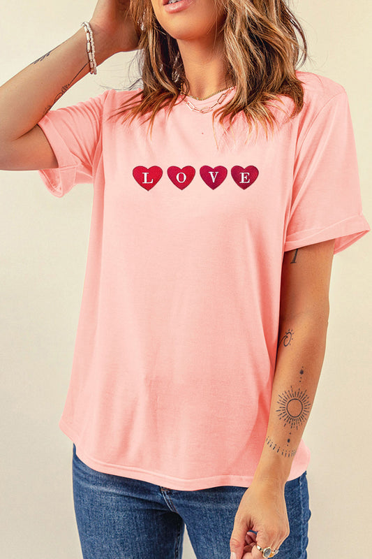 Pink Love In Hearts Embroidered Graphic Tee-Graphic Tees-[Adult]-[Female]-Pink-L-2022 Online Blue Zone Planet