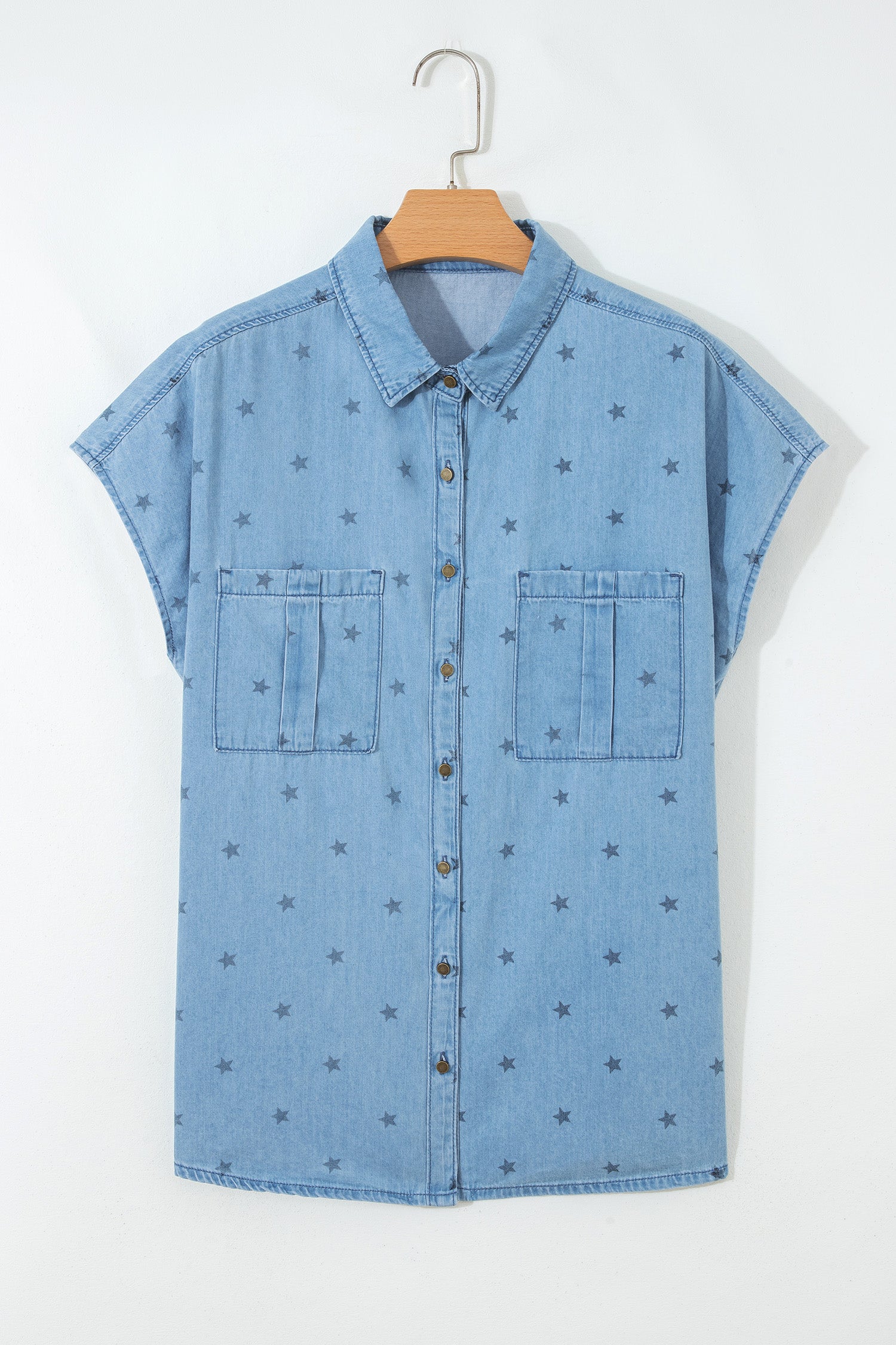Beau Blue Star Allover Print Double Chest Pocket Short Sleeve Denim Shirt-Tops/Blouses & Shirts-[Adult]-[Female]-2022 Online Blue Zone Planet