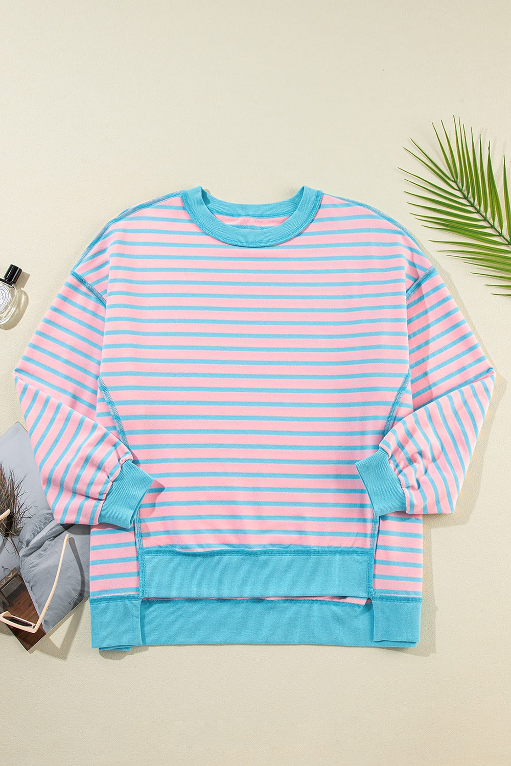 Blue Zone Planet | High-Low Striped Long Sleeve Sweatshirt-TOPS / DRESSES-[Adult]-[Female]-2022 Online Blue Zone Planet