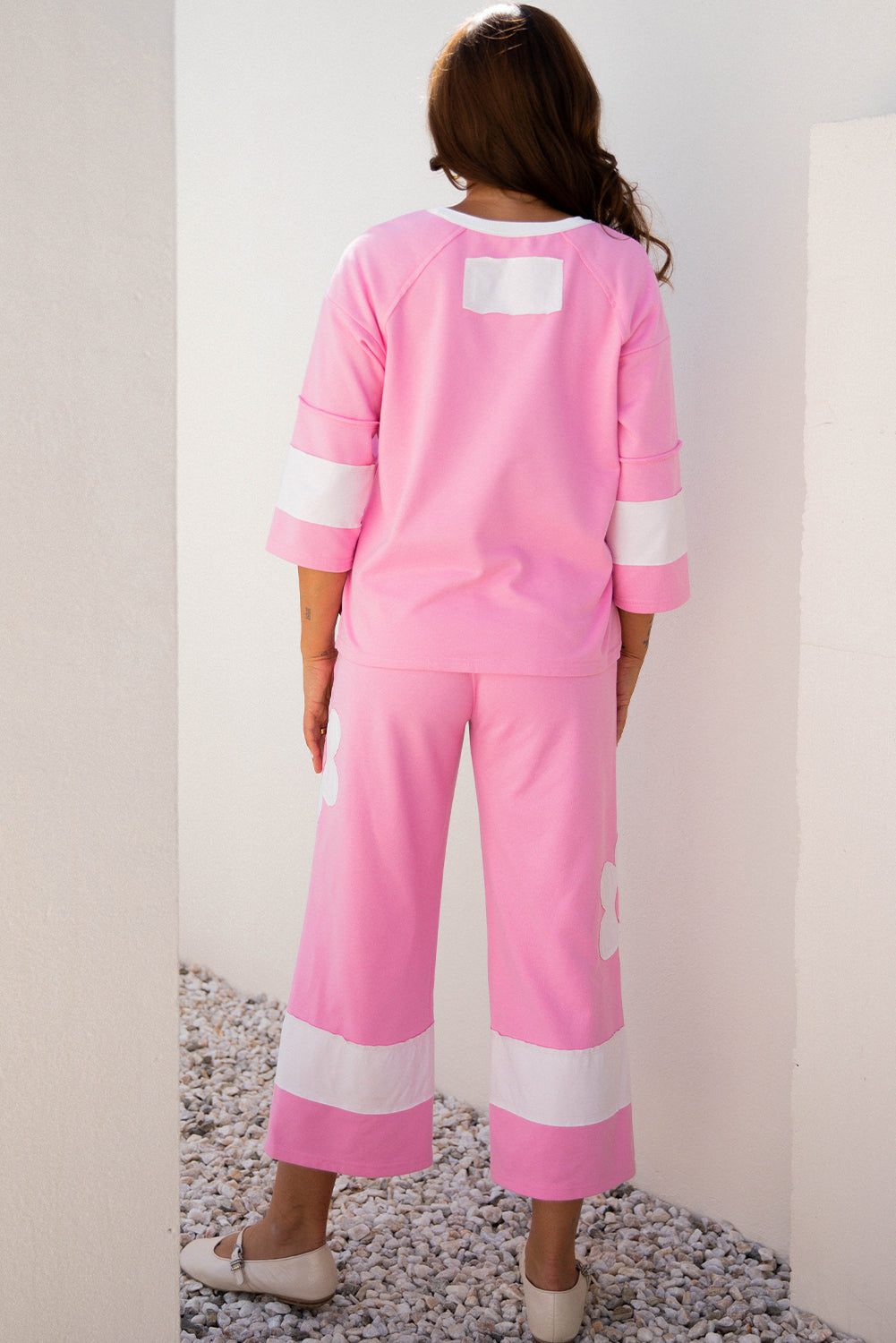 Orchid Bouquet Big Flower Patched Raw Seam Color Block 2 Piece Loose Pant Set-Two Piece Sets/Pant Sets-[Adult]-[Female]-2022 Online Blue Zone Planet