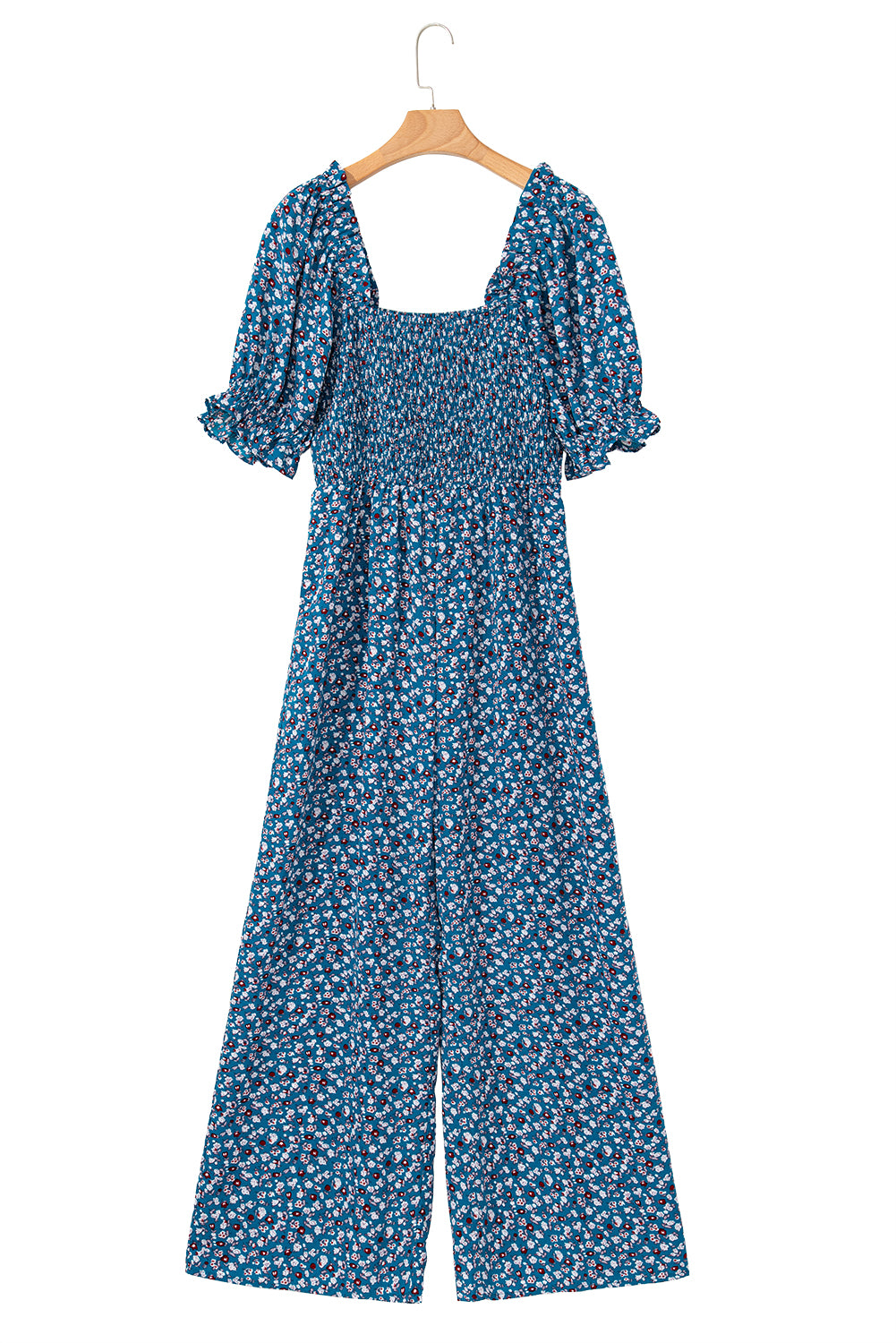 Blue Vintage Boho Floral Smocked Short Puff Sleeve Wide Leg Jumpsuit-Jumpsuits-[Adult]-[Female]-2022 Online Blue Zone Planet