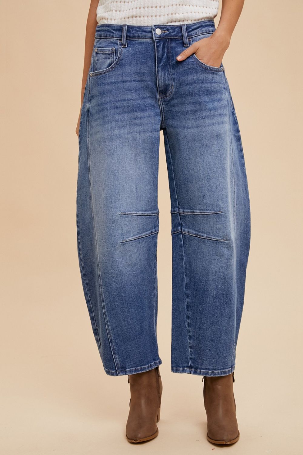 Annie Wear Mid Rise Barrel Leg Jeans with Pockets-BOTTOMS SIZES SMALL MEDIUM LARGE-[Adult]-[Female]-2022 Online Blue Zone Planet