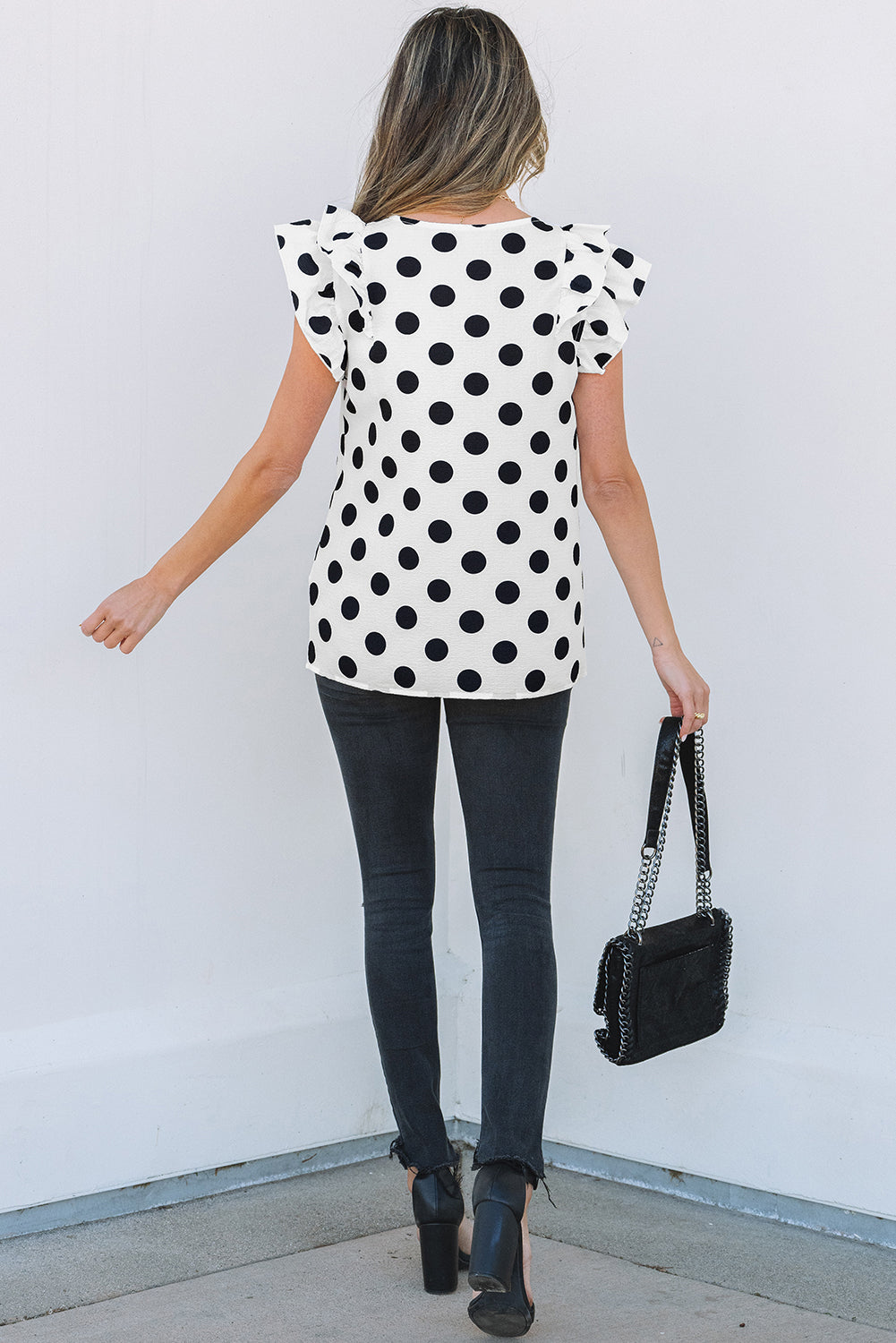 White Polka Dot Print Ruffled Sleeve V Neck Blouse-Tops/Blouses & Shirts-[Adult]-[Female]-2022 Online Blue Zone Planet