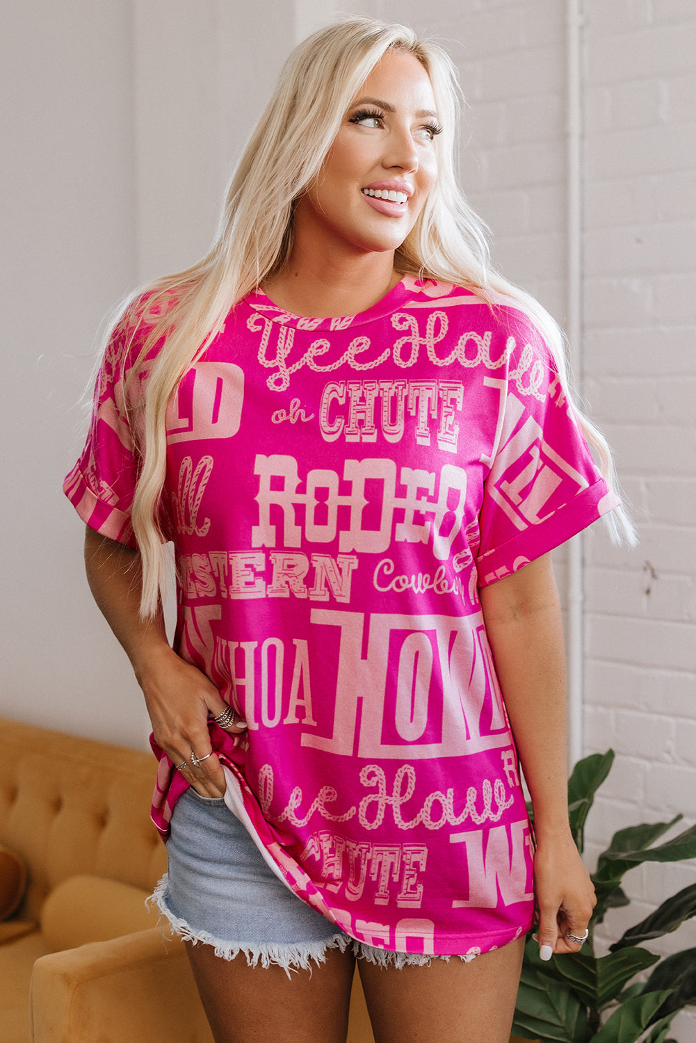 Rose Howdy Cowboy Letter Printed Western Fashion Tee-Tops/Tops & Tees-[Adult]-[Female]-2022 Online Blue Zone Planet