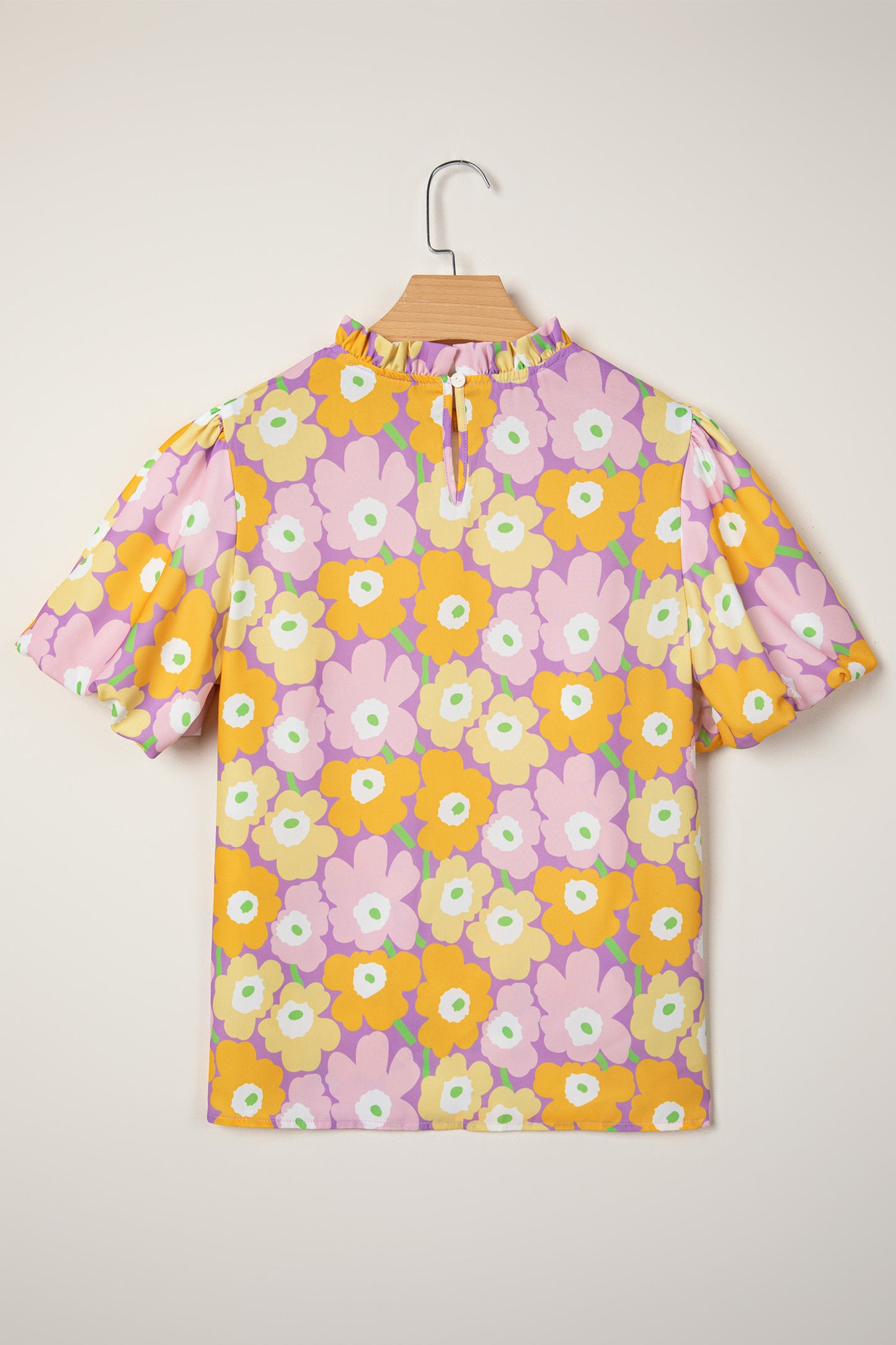 Purple Frilled Neck Puff Short Sleeve Flower Top-Tops/Blouses & Shirts-[Adult]-[Female]-2022 Online Blue Zone Planet