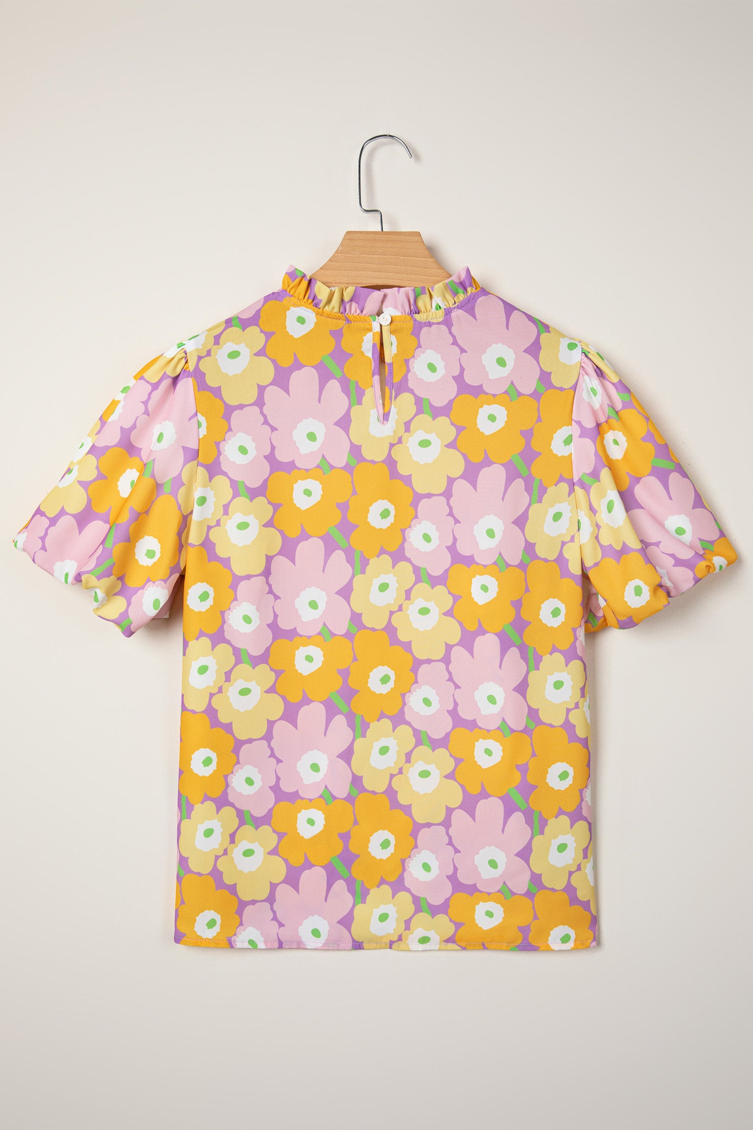Purple Frilled Neck Puff Short Sleeve Flower Top-Tops/Blouses & Shirts-[Adult]-[Female]-2022 Online Blue Zone Planet