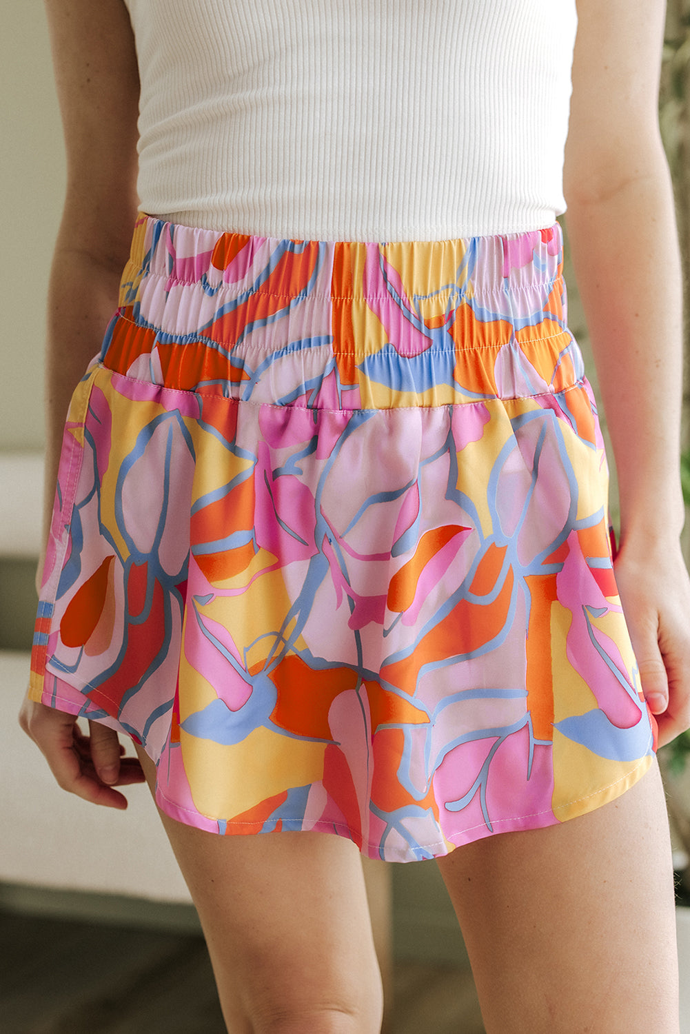 Purple Abstract Print Smock Waist Casual Shorts-BOTTOMS SIZES SMALL MEDIUM LARGE-[Adult]-[Female]-2022 Online Blue Zone Planet