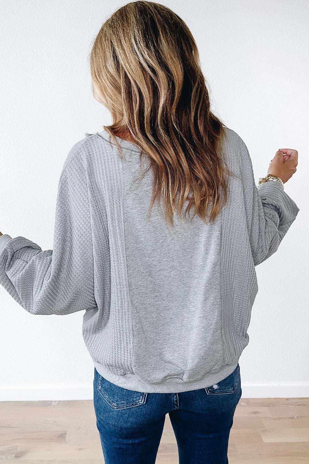 Light Grey Waffle Patchwork Long Sleeve Raw Hem Pullover Top-Tops/Long Sleeve Tops-[Adult]-[Female]-2022 Online Blue Zone Planet