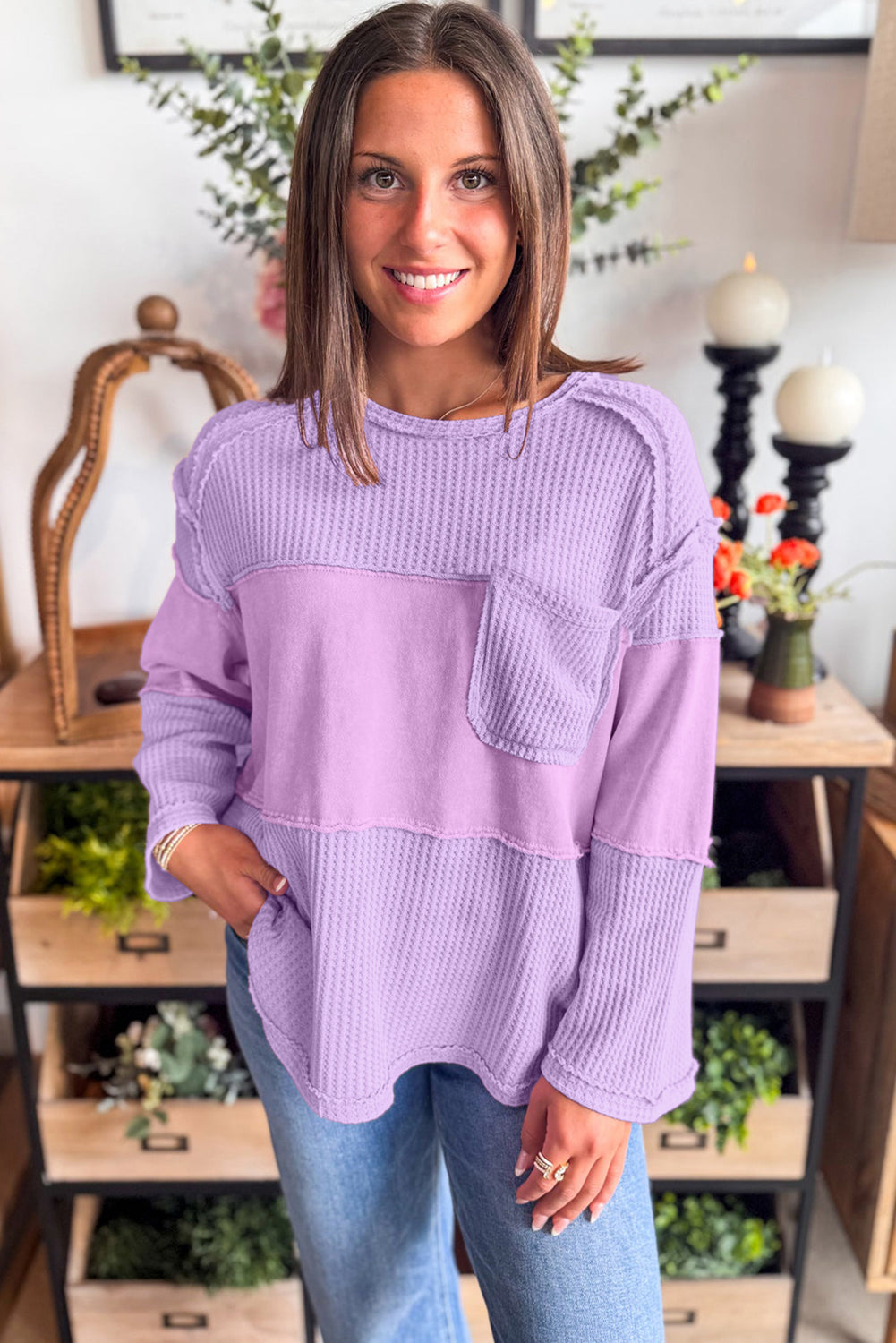 Phalaenopsis Thermal Knit Contrast Textured Patchwork Long Sleeve Top-Tops/Long Sleeve Tops-[Adult]-[Female]-2022 Online Blue Zone Planet
