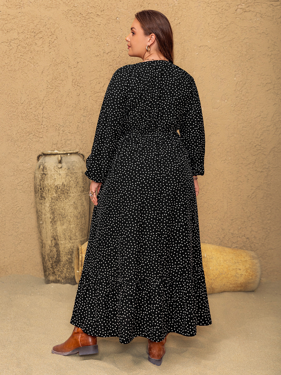 Blue Zone Planet | Plus Size Embroidered Polka Dot Notched Long Sleeve Dress-TOPS / DRESSES-[Adult]-[Female]-2022 Online Blue Zone Planet