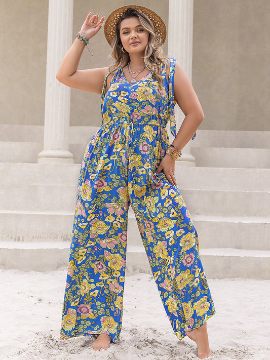 Plus Size Printed V-Neck Wide Leg Jumpsuit-TOPS / DRESSES-[Adult]-[Female]-Blue-0XL-2022 Online Blue Zone Planet