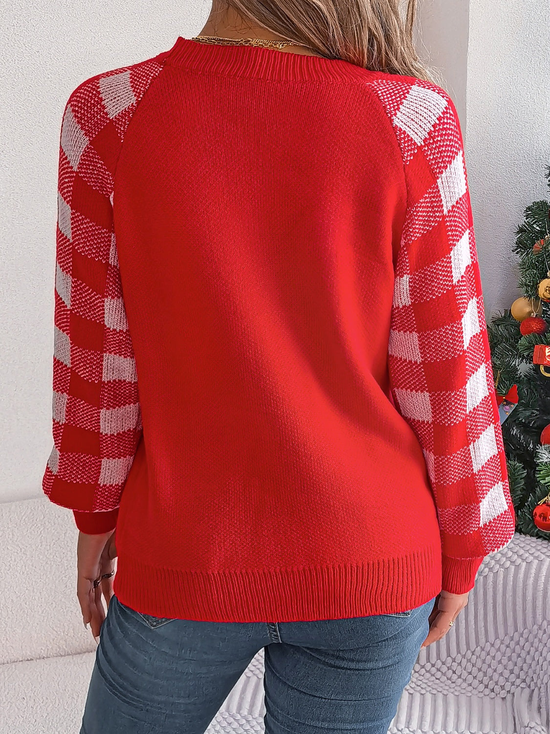 Reindeer Plaid Round Neck Long Sleeve Sweater-TOPS / DRESSES-[Adult]-[Female]-2022 Online Blue Zone Planet