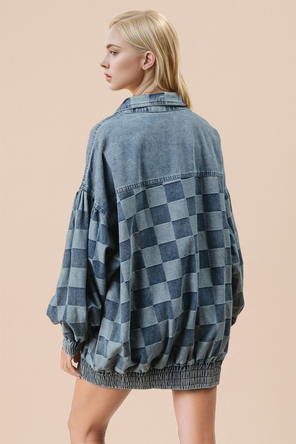 Double Take Checkered Button Up Denim Jacket-TOPS / DRESSES-[Adult]-[Female]-2022 Online Blue Zone Planet