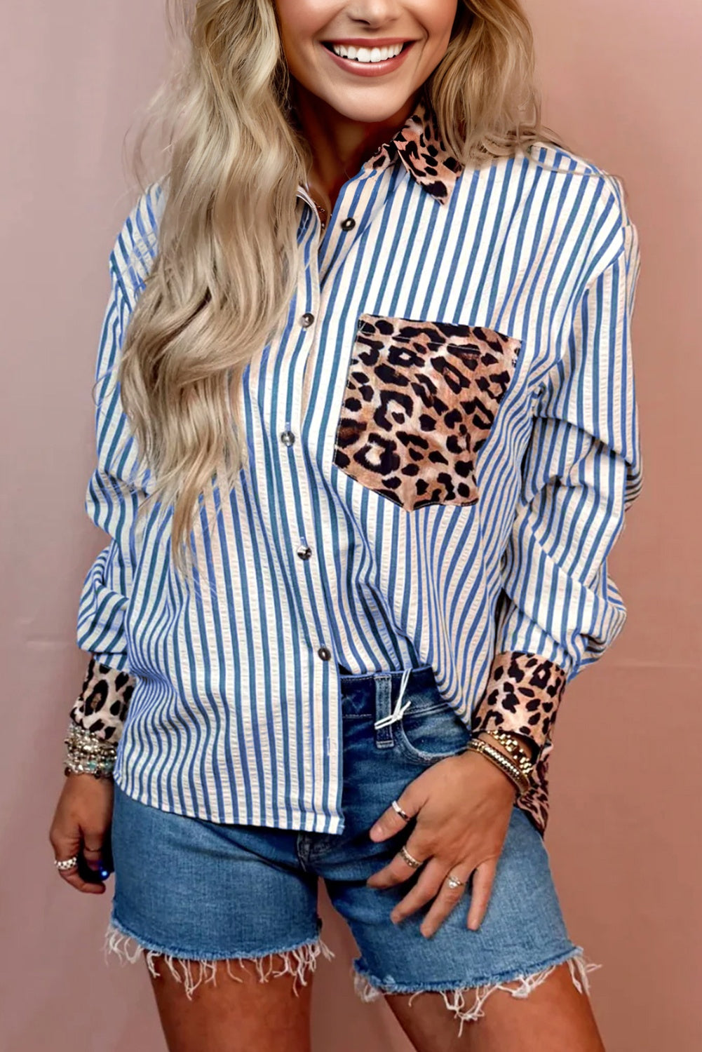 Sky Blue Striped Leopard Print Patchwork Button Up Womens Shirt-Tops/Blouses & Shirts-[Adult]-[Female]-Sky Blue-S-2022 Online Blue Zone Planet