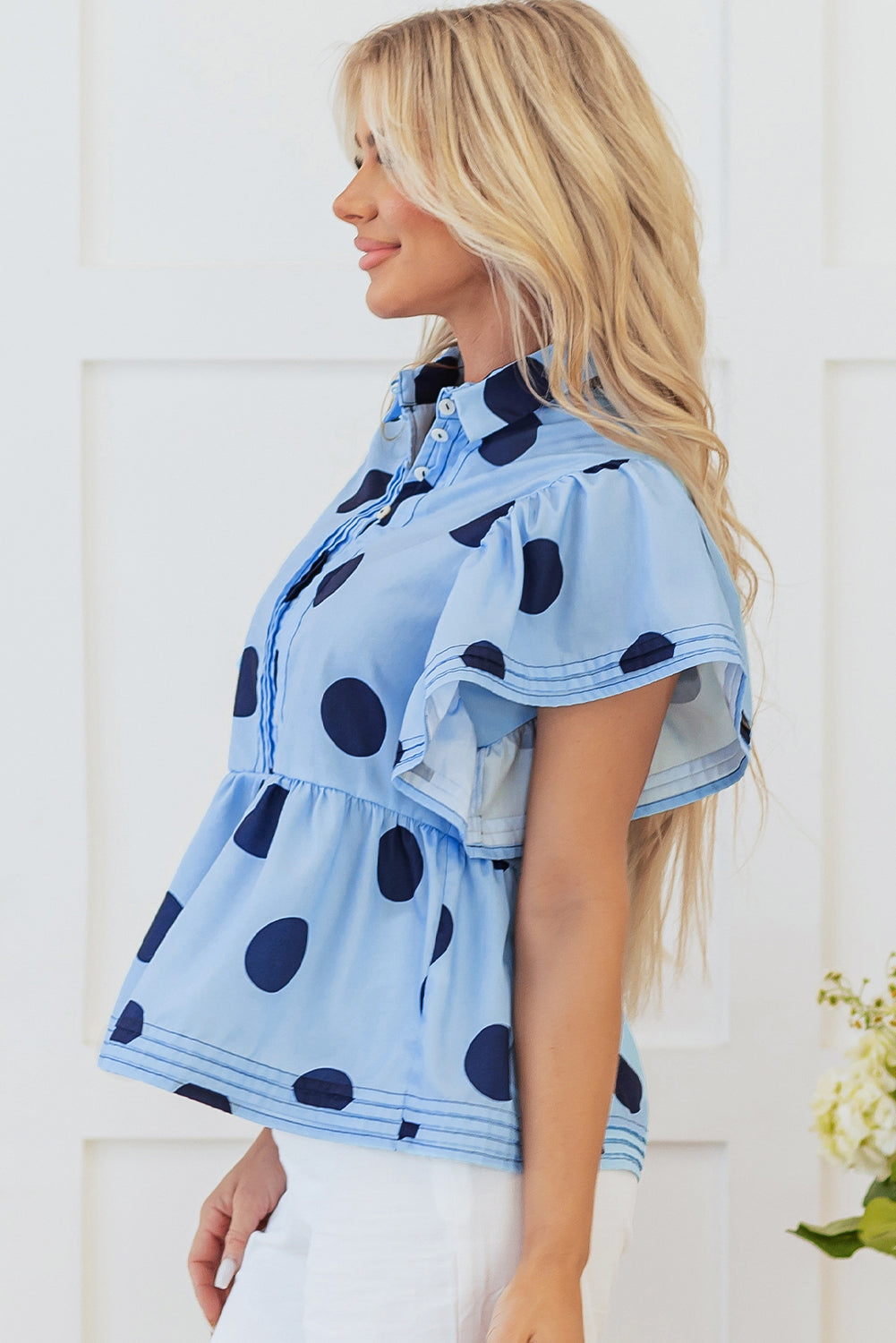 Sky Blue Polka Dot Print Ruffled Short Sleeve Buttoned Collared Blouse-Tops/Blouses & Shirts-[Adult]-[Female]-2022 Online Blue Zone Planet