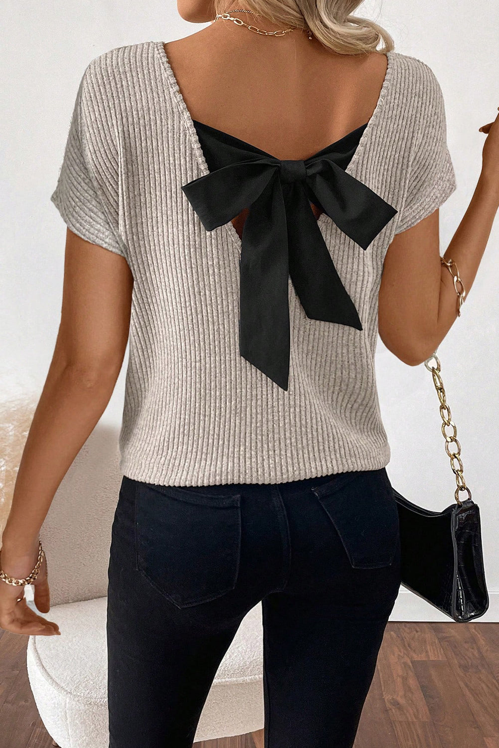 Gray Morn Ribbed Short Sleeve V Neck Colorblock Bow Back Top-Tops/Tops & Tees-[Adult]-[Female]-Gray Morn-S-2022 Online Blue Zone Planet