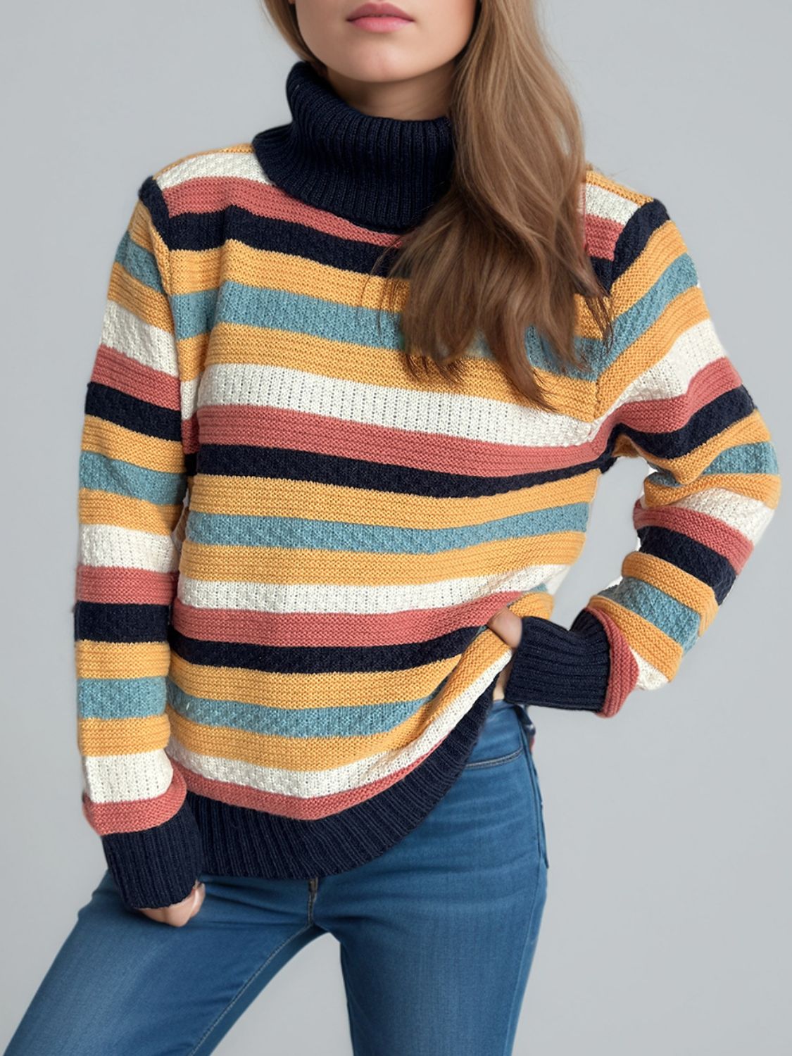 Blue Zone Planet | Contrast Stripes Turtleneck Long Sleeve Sweater-TOPS / DRESSES-[Adult]-[Female]-2022 Online Blue Zone Planet