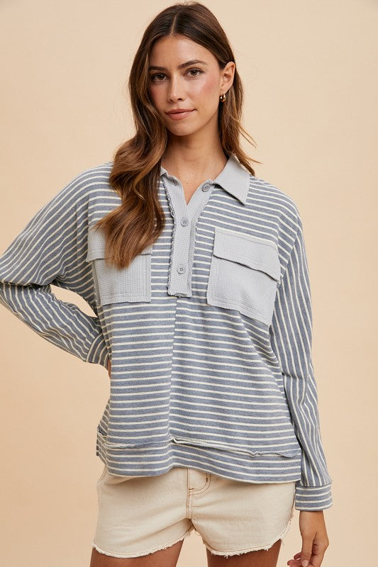 Annie Wear Striped Button Detail Long Sleeve Polo Top-TOPS / DRESSES-[Adult]-[Female]-Grey Combo-S-2022 Online Blue Zone Planet