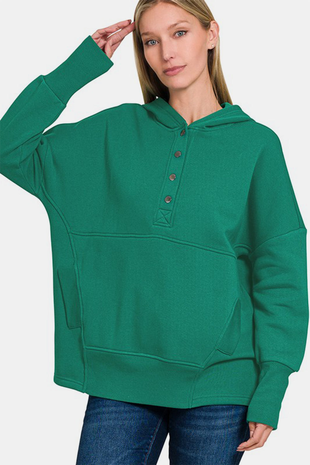 Blue Zone Planet | Zenana Half Snap Long Sleeve Hoodie with Kangaroo Pocket-Tops / Dresses-[Adult]-[Female]-Dark Green-S/M-2022 Online Blue Zone Planet